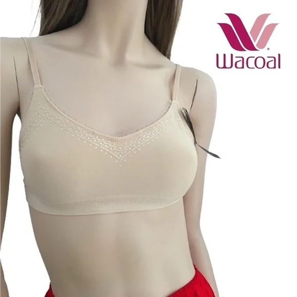 WACOAL Nylon Bra Bralette Unwired Nude Tulle Embellished Lace 36 Unpadded - Picture 1 of 9